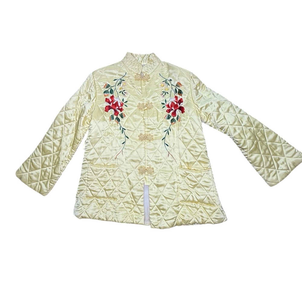 Japanese Diamond Quilted Floral Embroidered Robe Coat S/M
